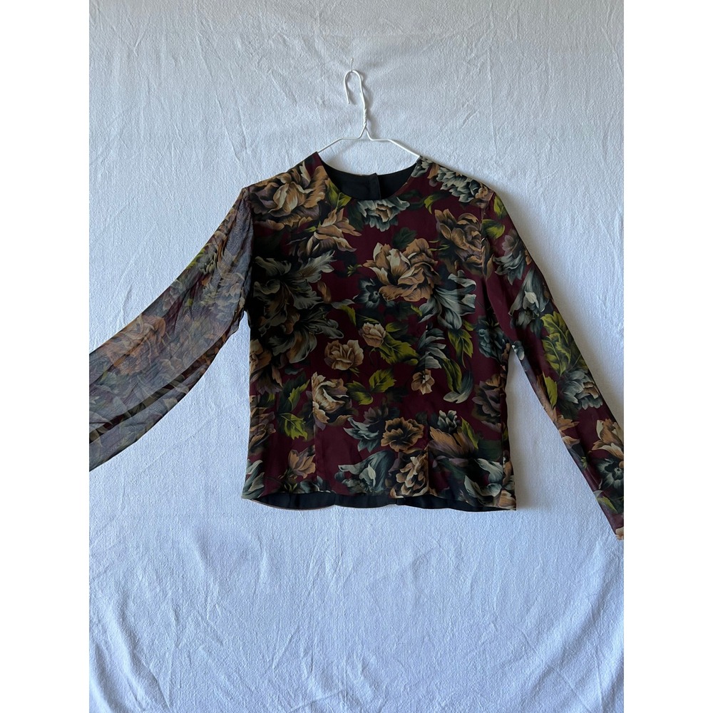 Antony Moorcroft Burgundy Floral Sheer Sleeve Button Back Blouse Vintage CHIC